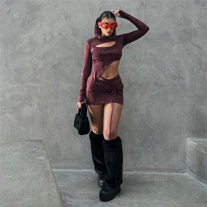 Cropped Hooded Top Sheath Skirt