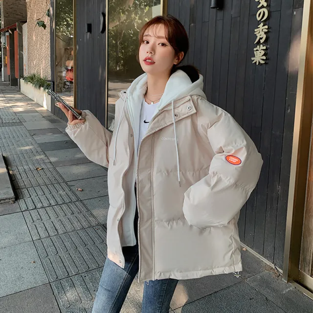 Korean Style False Two piece Loose Hooded Coat Beige - Shop at LoveMi