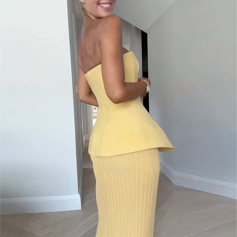 Tube Top High Waist Pleated Skirt Two-piece Set