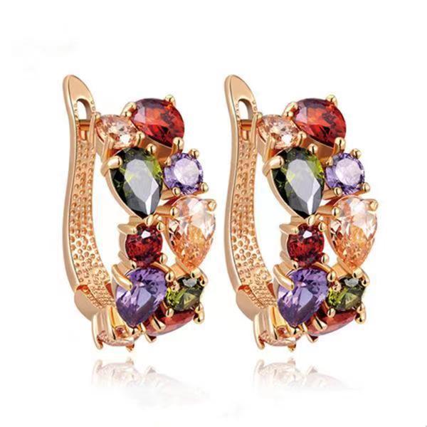 Zircon Ear Clip Luxury Earrings for Women. Product information: Treatment Process: Electroplating Color: colorful, pink, green, sky blue Applicable people: women Material: Alloy Shape: drop-shaped. Packing list: Earrings *1pair. Product Image.