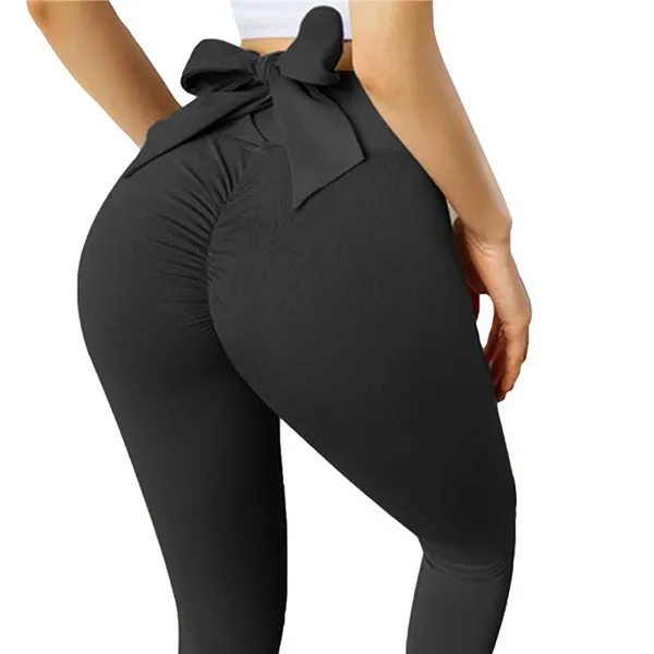 Women's Double sided Brushed Hip Lifting Sport Fitness Bow Yoga Pants Black - Shop at LoveMi