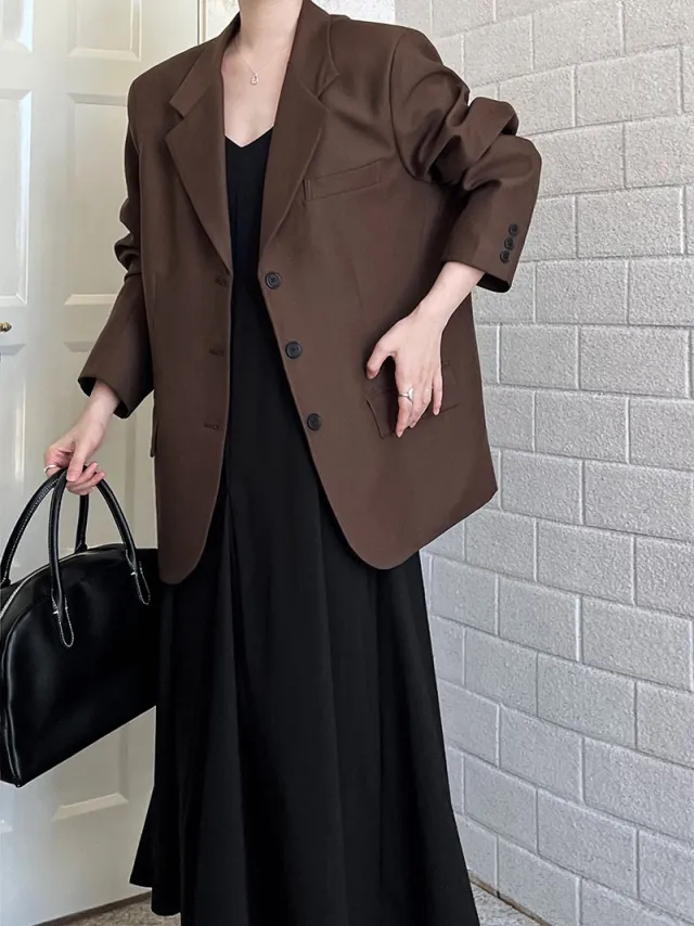 Korean Casual Long Sleeve Suit Coat Women Coffee Color - Shop at LoveMi