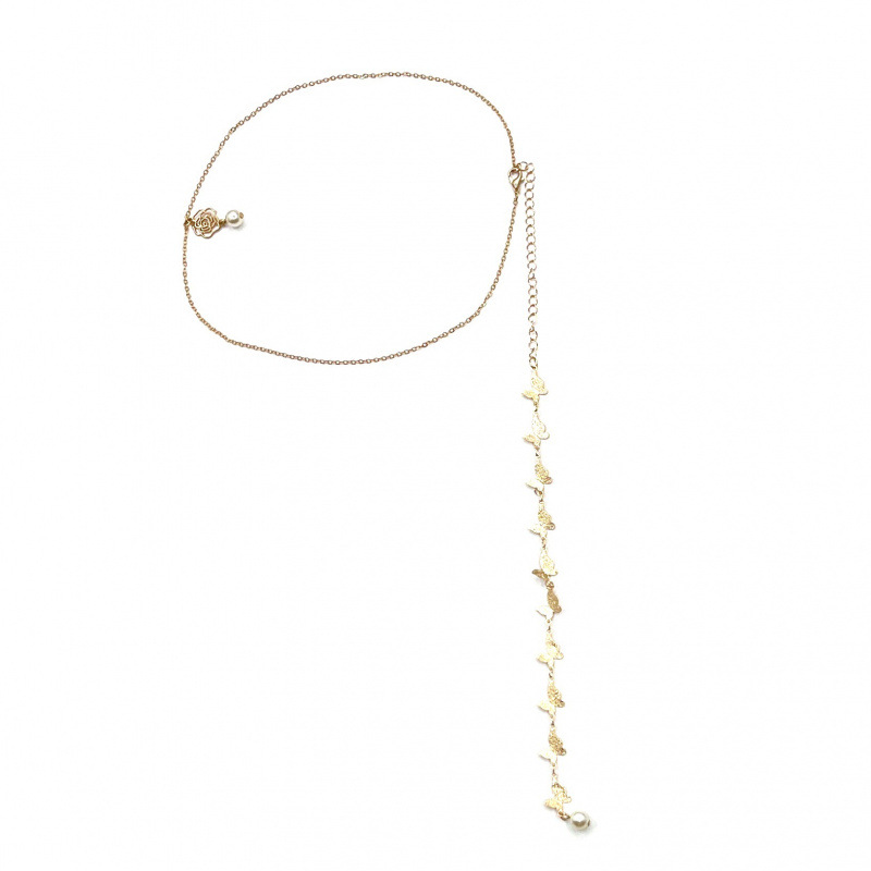 Sexy Butterfly Drop Back Chain Fashion Metal Rose Pearl Necklace