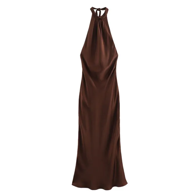 Women's French Satin Texture Backless Spaghetti Strap Dress Brown - Shop at LoveMi