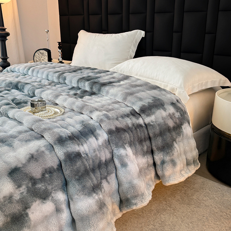 Rabbit-fur-like Plush Bubble Flannel Blanket With Printed Designperfect For Naps And As A Throw