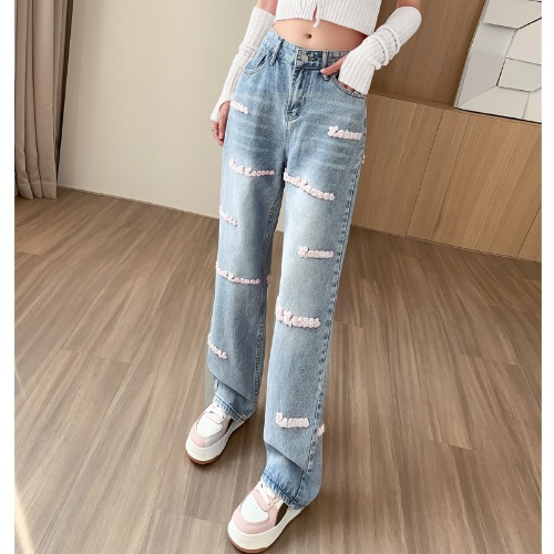 Women's Wide leg Jeans Embroidered Letters Straight leg Pants Apricot - Shop at LoveMi