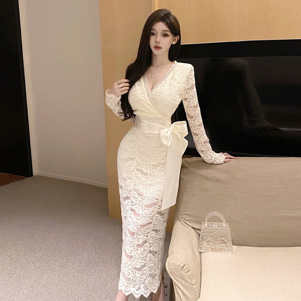 Womens Lace Bodycon Dress With Bow Tie
