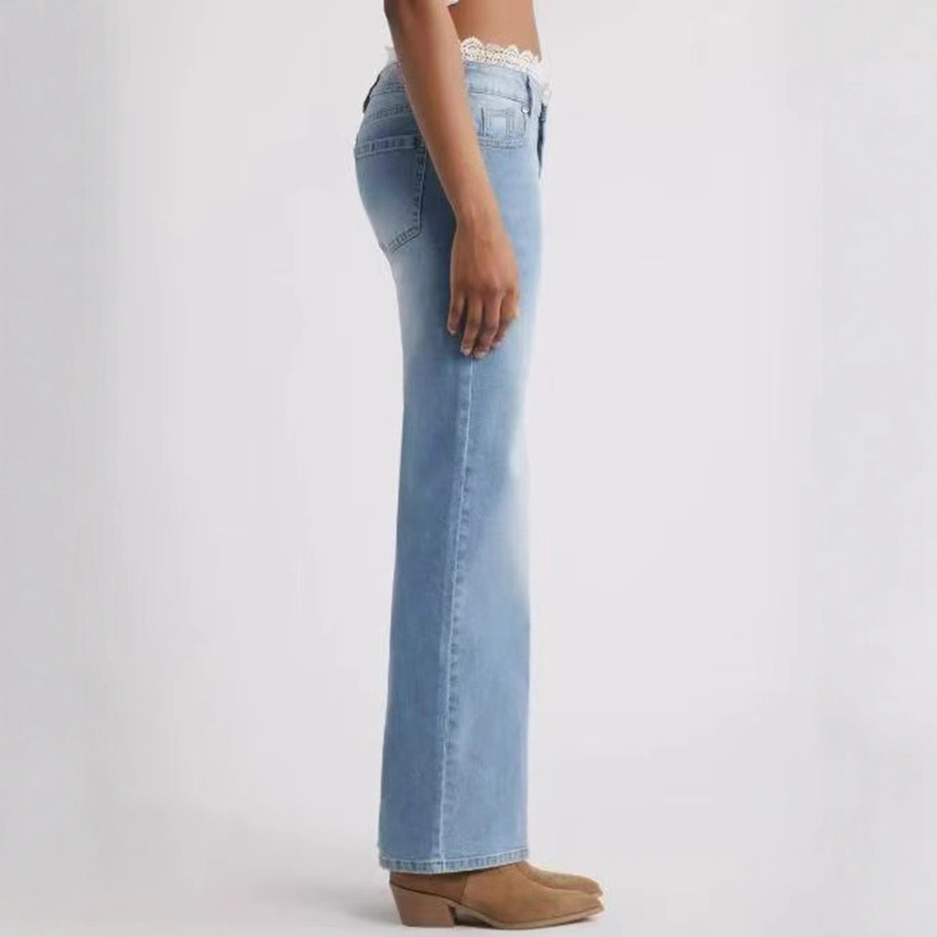 Womens Stylish Lace-trimmed Stretch Denim Jeans