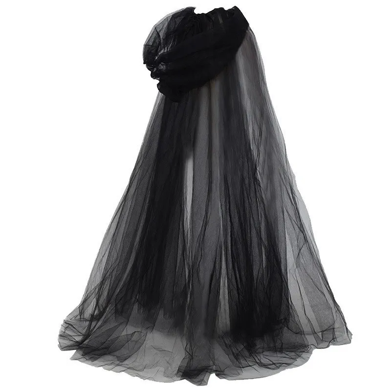 Halloween Ghost Hooded Cloak Death Witch Mesh Cloak Ball Performance Costume - Black