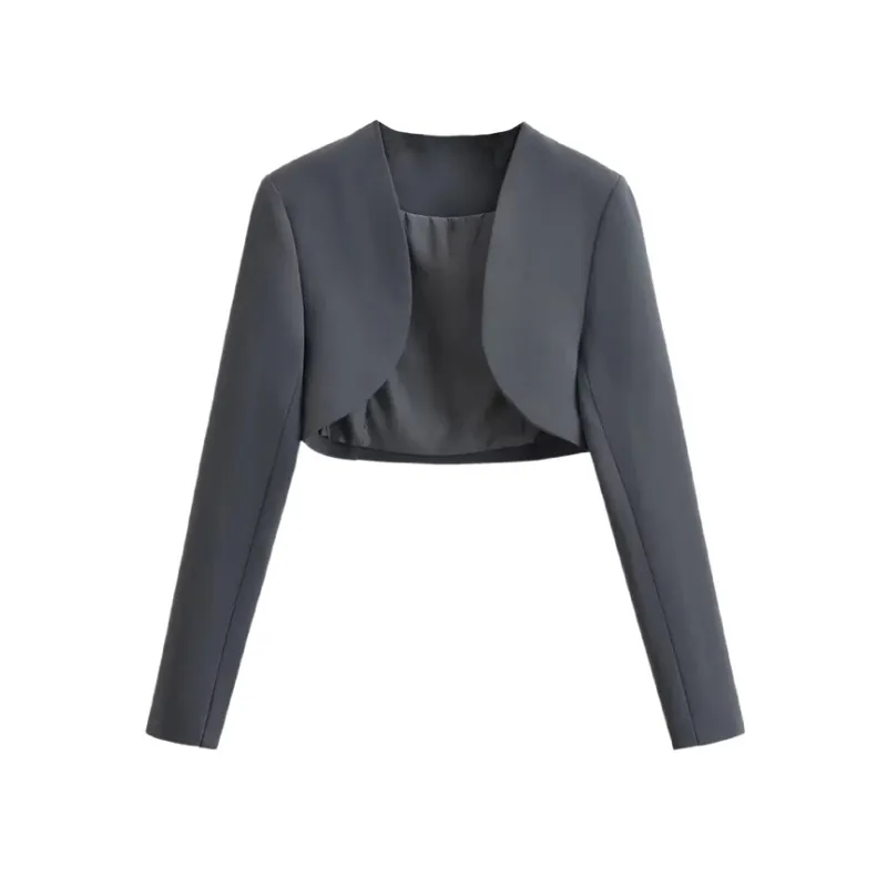 Buckle-free High Waist Ultra Short Midriff-baring Long Sleeve Cardigan Top - Dark Grey