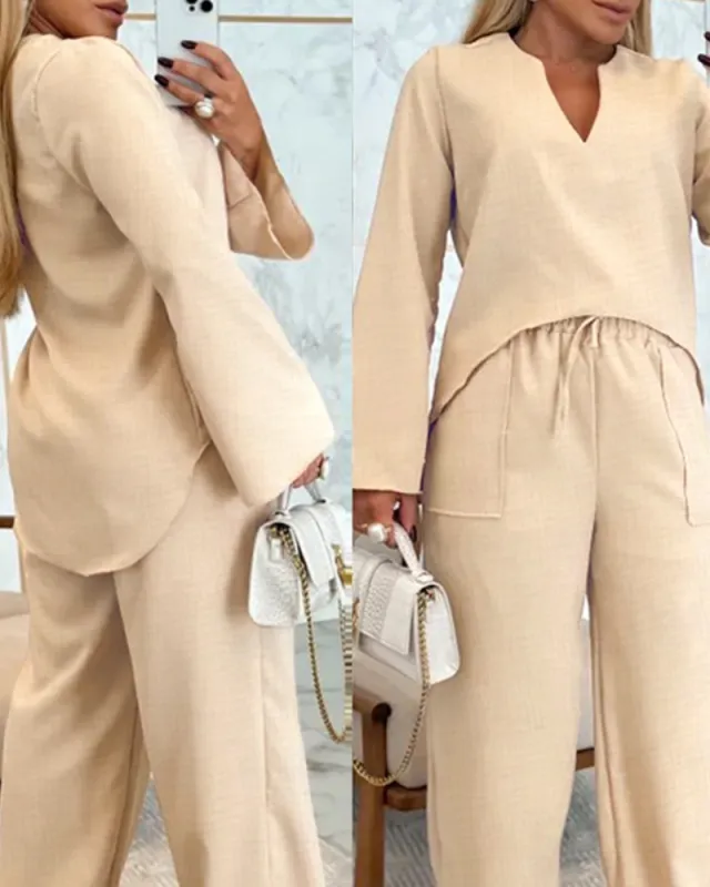 European And American Apricot Long Sleeve Loose V neck Casual Top Suit Apricot - Shop at LoveMi