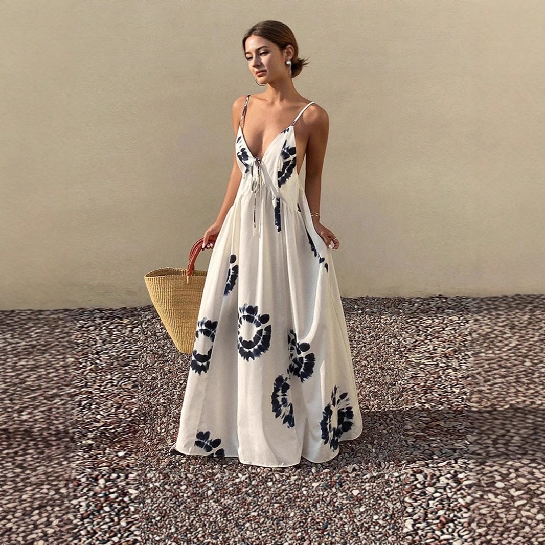 Tiedye Strapless Plungingback Loose Fitting Bohemian Beach Dress