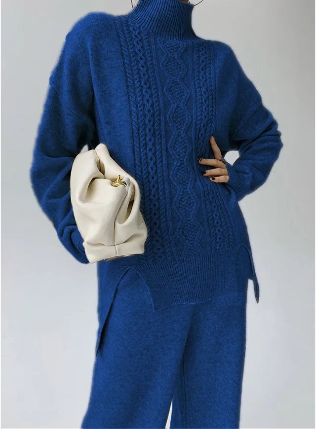 Idle Style Fashionable Set That Makes You Look Younger Women's Turtleneck Knitting Sweater Blue - Shop at LoveMi
