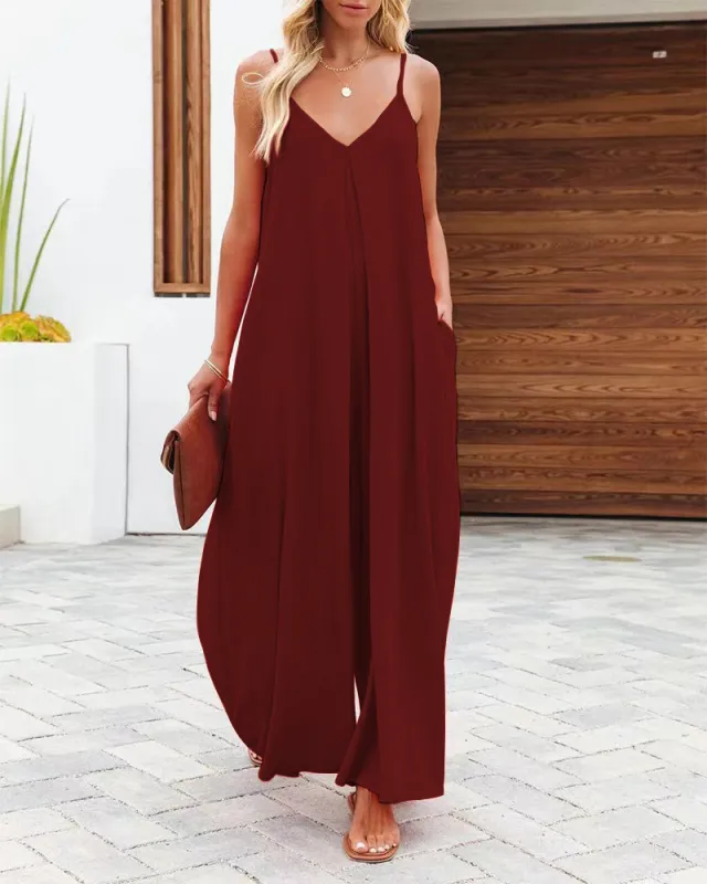Women's Sling Wide leg Pants Solid Color Pocket Casual Jumpsuit Dark Red - Shop at LoveMi