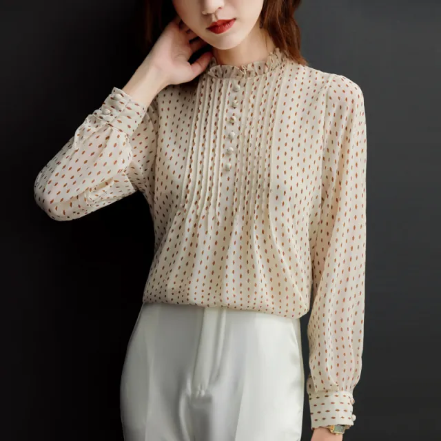 Fashion Stand Collar Polka Dot Chiffon Shirt Long Sleeve Beige - Shop at LoveMi