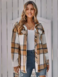 Women's Single-breasted Casual Plaid Women's Coat - Khaki - View 1
