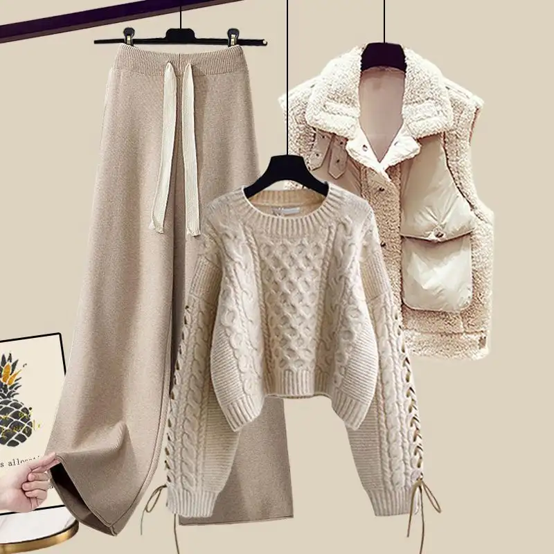 Women's Autumn And Winter Thickened Vest All-matching Knitted Sweater Wide Leg Pants Three-piece Suit