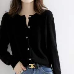 Women's Solid Colour Loose Round Neck Knitted Sweater Coat - Black - View 1