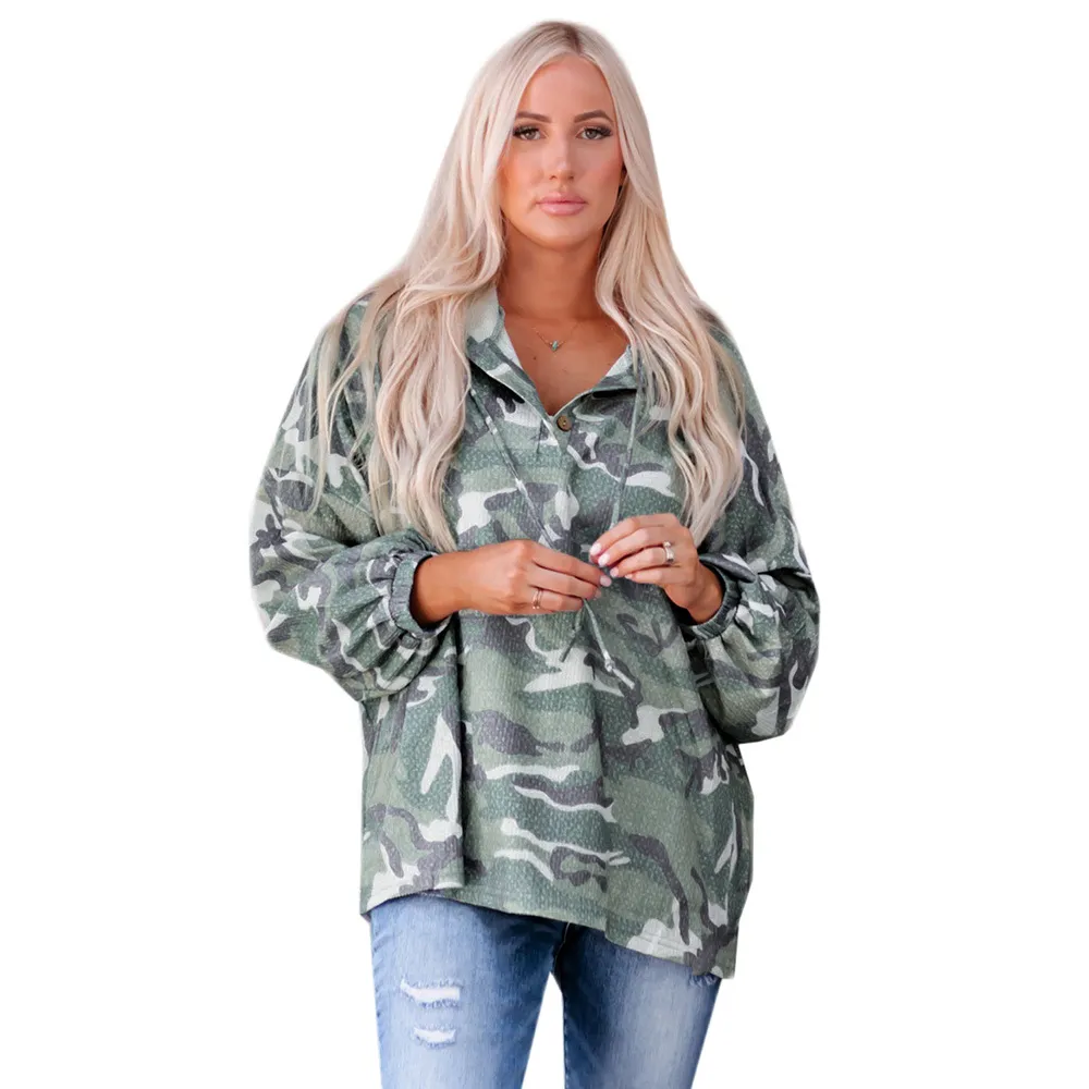 Long Sleeve Camouflage Print Hoodie Loose-fitting Casual Pullover Women - Green
