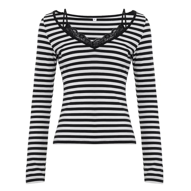 American style Lace spliced Strap Top With A Faux Two piece Slim fit Long Sleeves Black - Shop at LoveMi
