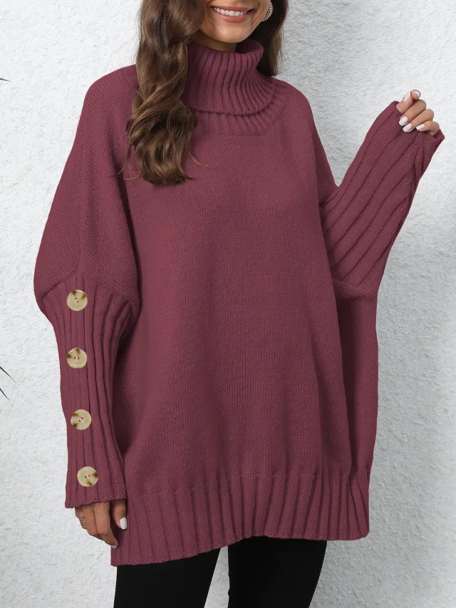 Turtleneck Lapel Loose Woven Sweater Top Wine Red - Shop at LoveMi