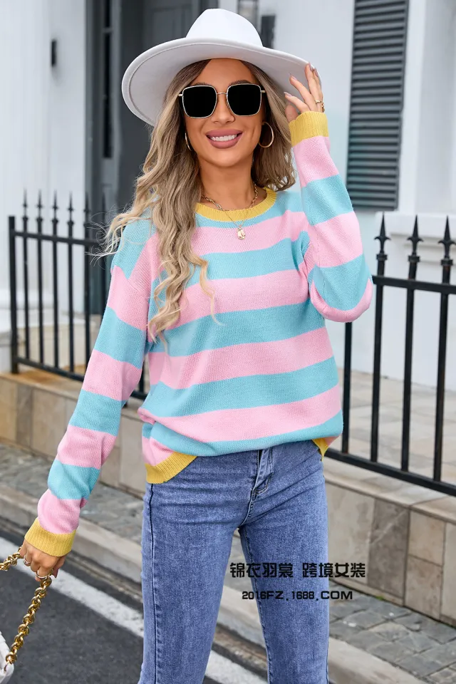 Women's Flower Long Sleeve Round Neck Sweater Pink - Shop at LoveMi