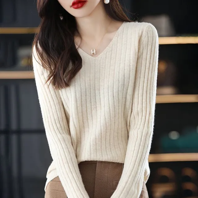 Slim V neck Pullover Long Sleeve Knitted Sweater Beige - Shop at LoveMi