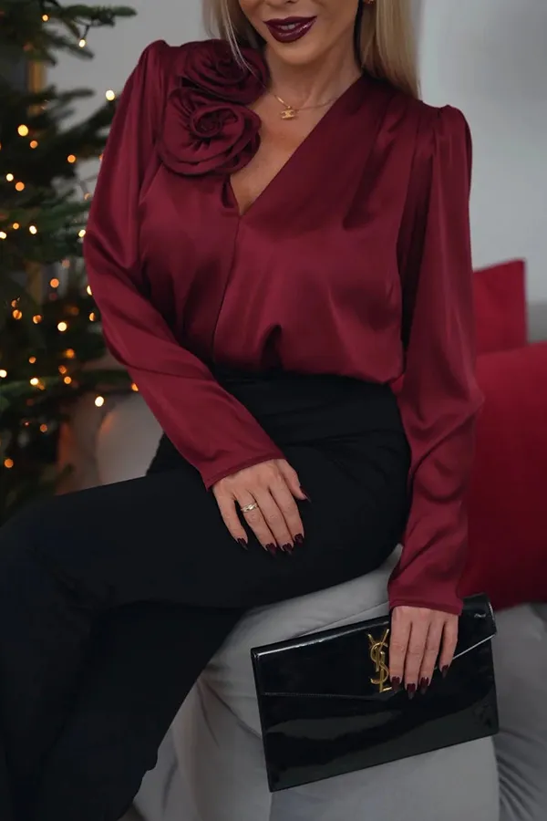 V neck Flower Decoration Satin Long Sleeve Shirt Top Wine Red - Shop at LoveMi