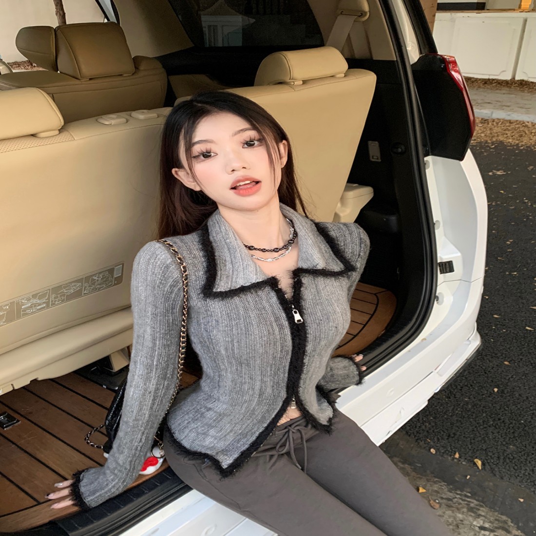 Gradient Color Knitted Cardigan Women's Double Zipper Sweater