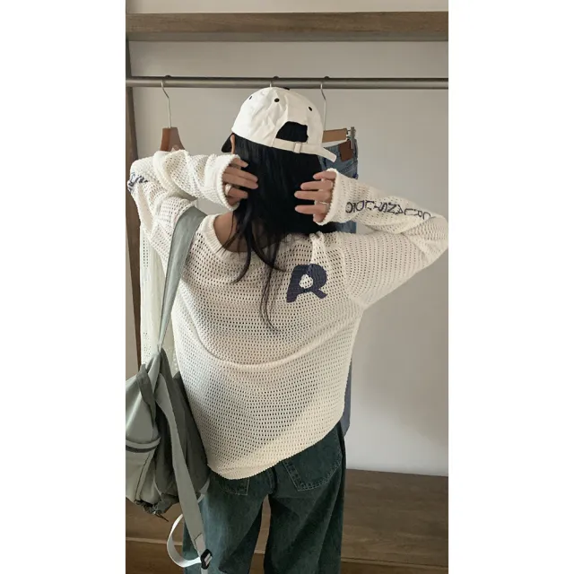 Women's Round Neck Hollow out American Letter Loose Sweater White - Shop at LoveMi