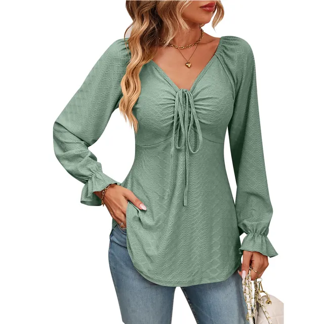 New European And American V neck Drawstring Waist Sexy Long Sleeve Solid Color T shirt Green - Shop at LoveMi