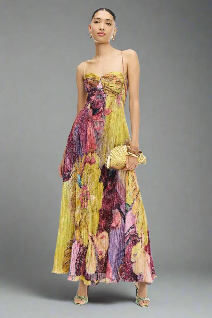 Women's Printed Bandeau Slim-fit Vacation Style Dress - Shoulder Strap Yellow