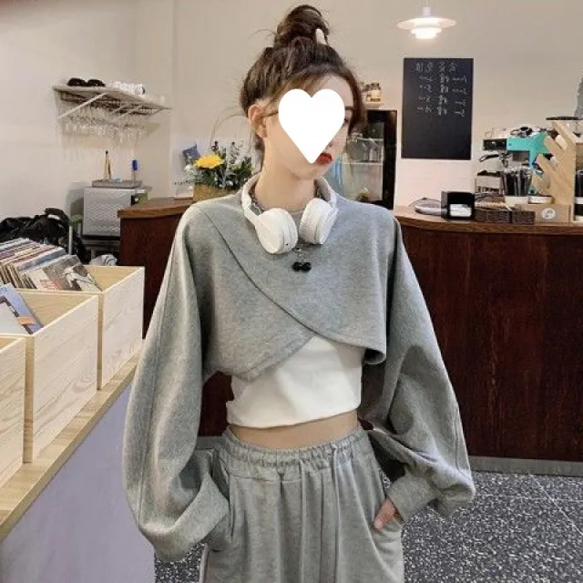 Irregular Short Long sleeved Sweater Women's Vest Two piece Set Gray Sweater White Vest - Shop at LoveMi