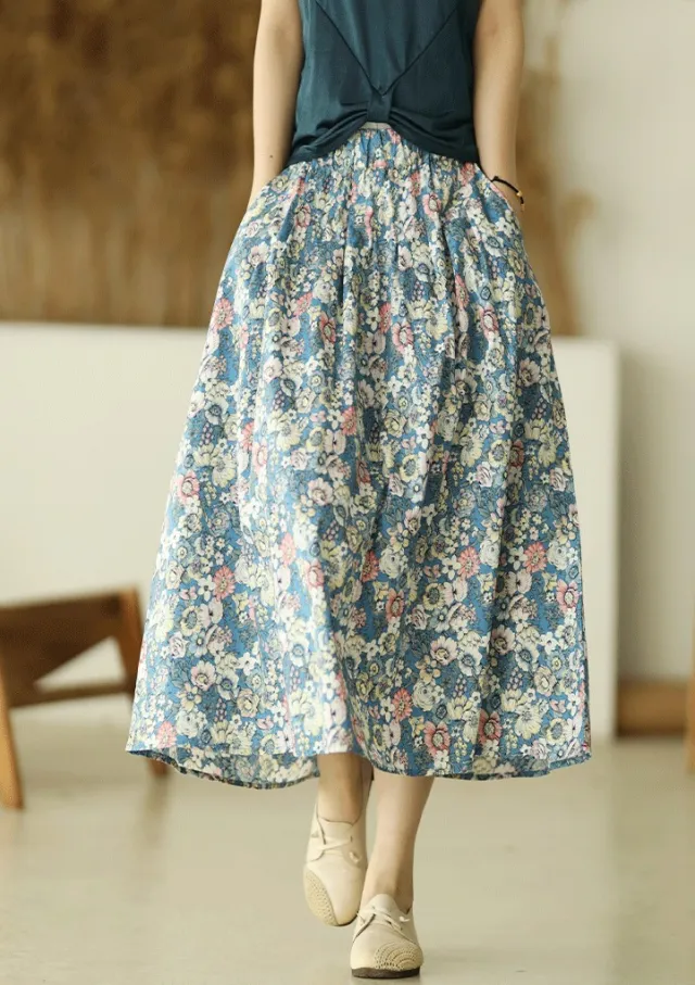 High Waist Retro Printed A Line Loose Floral Skirt Blue - Shop at LoveMi
