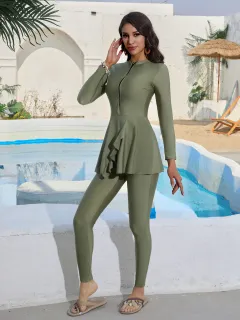Conservative Swimwear With Long Sleeves For Surfing And Sun Protection - Green - View 1