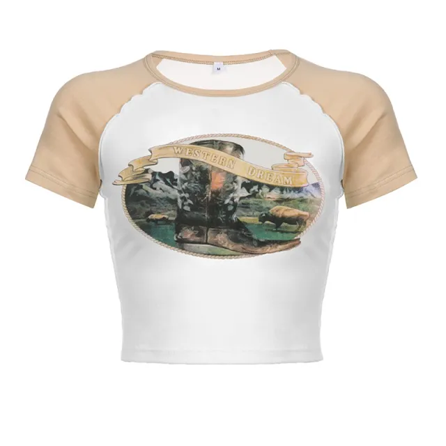 American Retro Printed Slim fit Pullover T shirt Skin Color - Shop at LoveMi