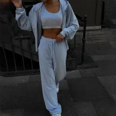Women's Fashion Temperament Pure Colour Hooded Jacket Vest Pants Three-piece Set - Azure-Xl - View 1