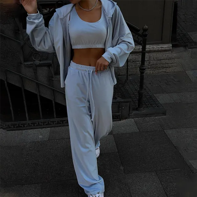 Women's Fashion Temperament Pure Color Hooded Jacket Vest Pants Three piece Set Azure Xl - Shop at LoveMi