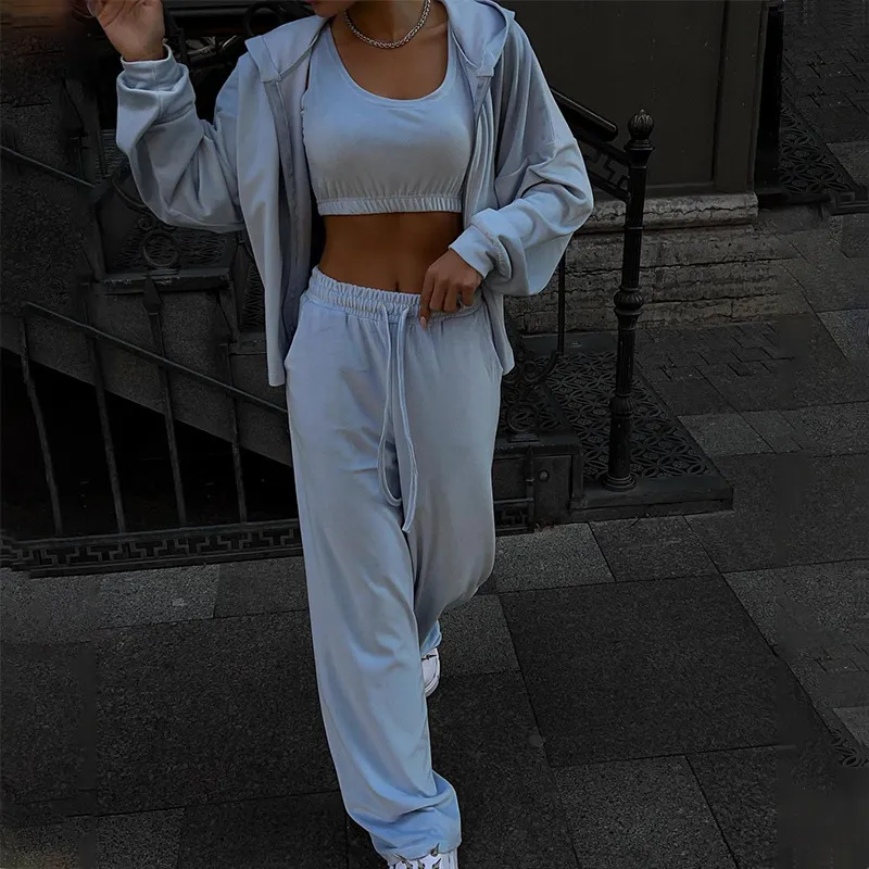Women's Fashion Temperament Pure Color Hooded Jacket Vest Pants Three-piece Set - Azure-M