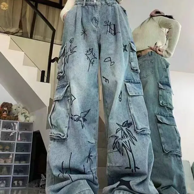 Retro Cartoon Graffiti Loose Denim Trousers Women Blue - Shop at LoveMi