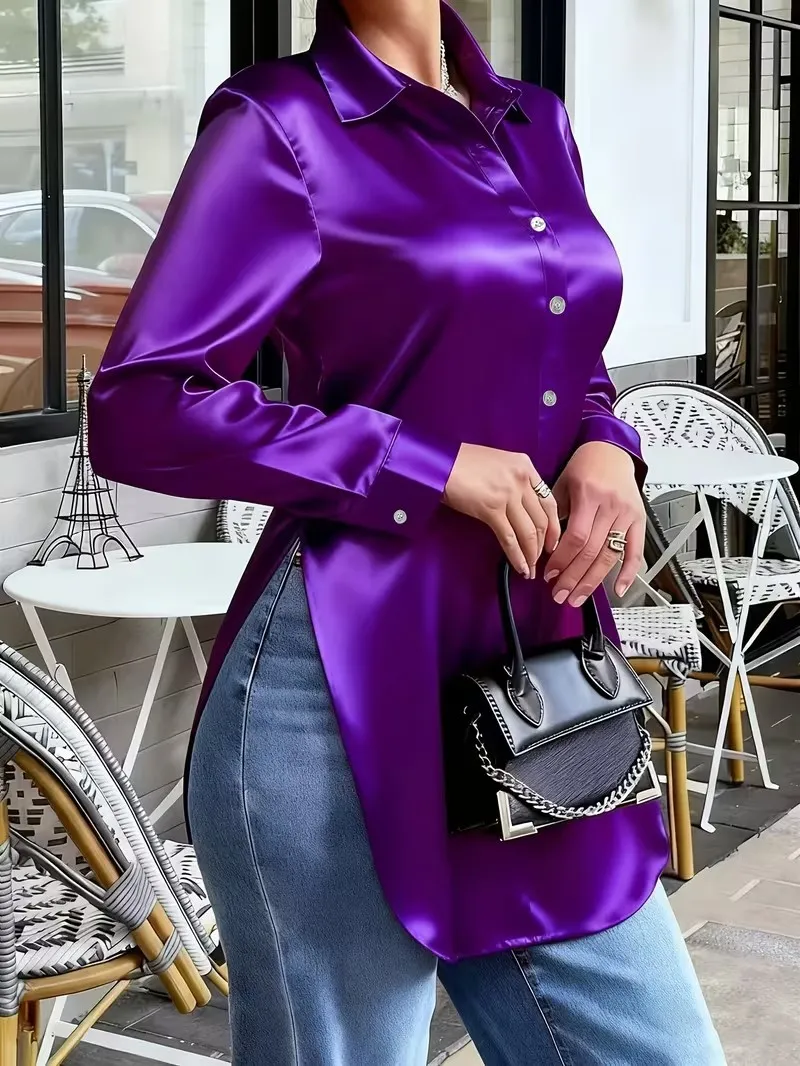 Womens Solid-Color Irregular-Hem Long-Sleeve Satin Shirt - Purple