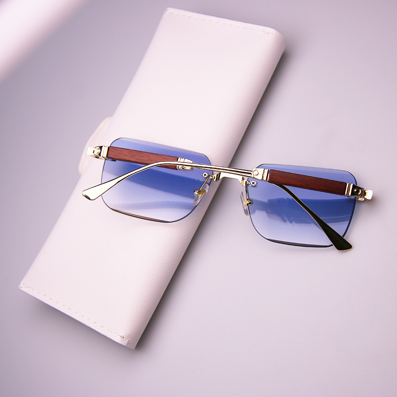 Frameless Edge-cut Sunglasses Fashion Trend Wood Grain Legs Gradient Color