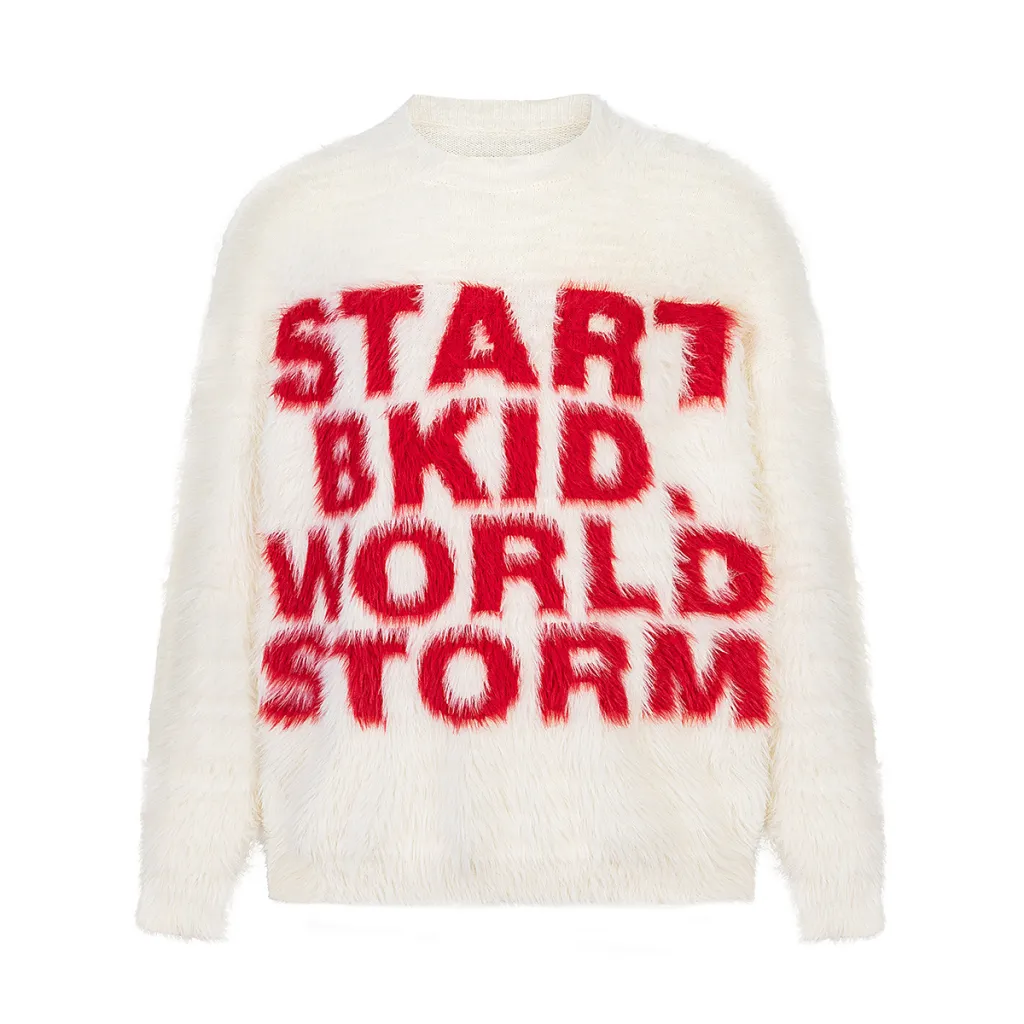American Round Neck Mink Letter Sweater Fall Winter Couples Trendy Brand Niche - Apricot