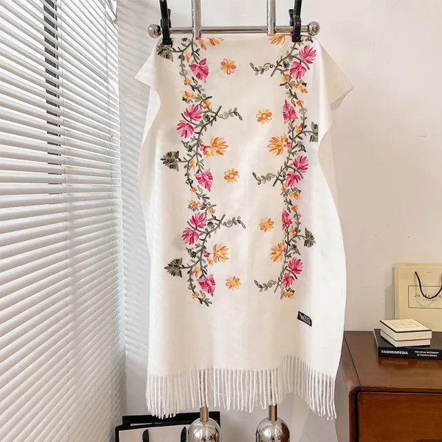 Autumn And Winter Thick Simple Flower Embroidery Cashmere like Ethnic Style Warm Scarf White - Shop at LoveMi