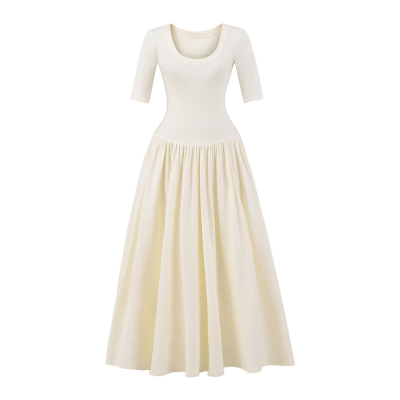 Ballet Style Slim U Collar Pleated Dress Cream Apricot - Shop at LoveMi