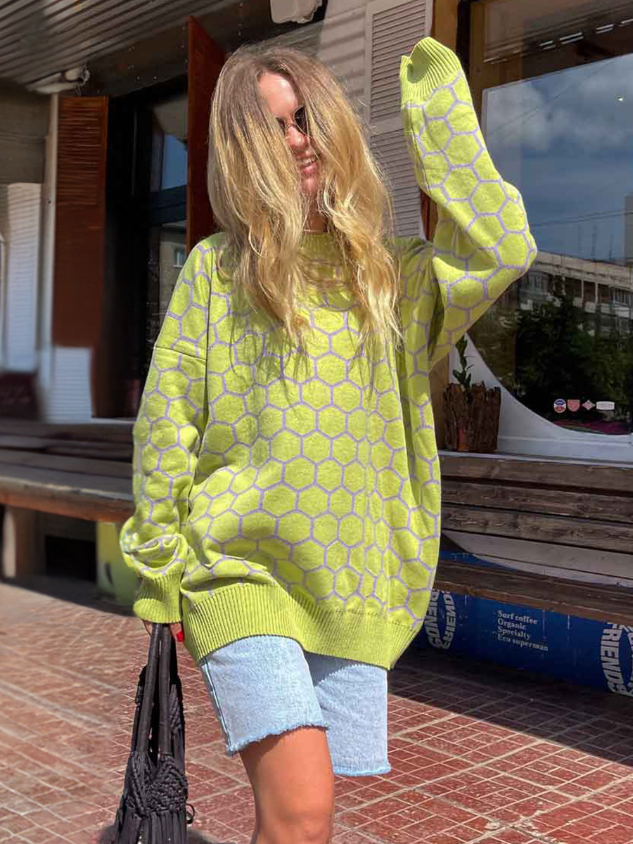 Women's Round Neck Bee Loose Plaid Pullover Yellow - Shop at LoveMi