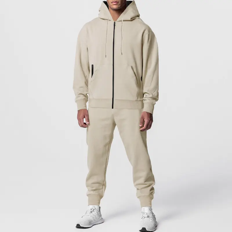 Mens Solid-Color Cardigan Zip-Up Long-Sleeve Sports Suit