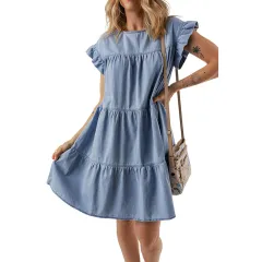 Women's Pure Colour Minimal Versatile Ruffled Denim Skirt - Lc786642 P804 - View 1