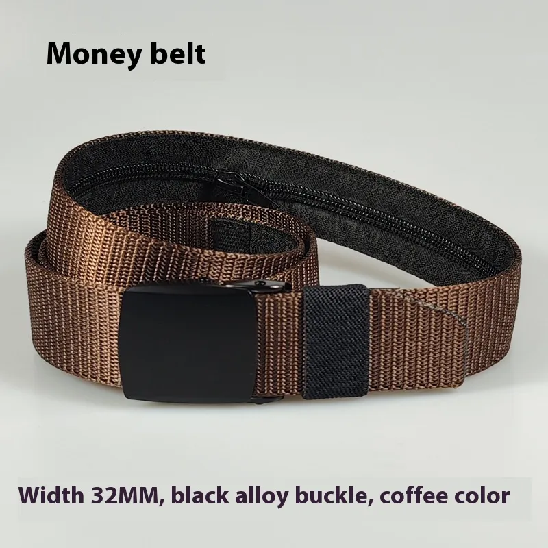 32MM Black Alloy Buckle Nylon Belt Women's Outdoor Security Multifunctional Anti-theft - Black Buttons Brown
