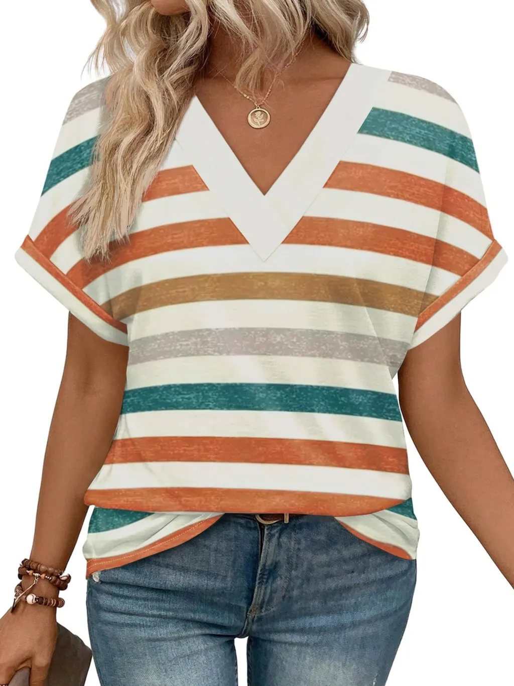 Women's Casual Round Neck Striped T-shirt Top - Orange